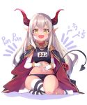  1girl :d absurdres armband bandaid_on_leg black_jacket black_swimsuit blush breasts curled_horns demon_girl demon_horns demon_tail elbow_gloves emma_august epaulettes fang full_body gloves grey_hair hands_on_own_stomach highres horns jacket jacket_on_shoulders kokuri89490047 long_hair long_sleeves looking_at_viewer name_tag navel nijisanji no_shoes old_school_swimsuit one-piece_swimsuit open_mouth pointy_ears school_swimsuit shadow simple_background single_sock single_thighhigh small_breasts smile socks solo stomach striped striped_legwear swimsuit tail tail_raised thighhighs translation_request very_long_hair virtual_youtuber white_background white_gloves yellow_eyes 