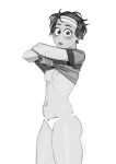 1girl :o blush bow bow_panties breasts greyscale headband highres messy_hair monochrome original panties peakbuns shirt short_hair simple_background small_breasts solo stomach sweat t-shirt tomboy underwear undressing white_background white_panties 