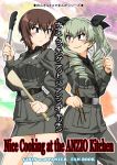  2girls alternate_costume anchovy_(girls_und_panzer) anzio_military_uniform back-to-back bangs belt black_belt black_neckwear black_ribbon black_shirt boots brown_eyes brown_hair chopsticks closed_mouth commentary_request copyright_name cover cover_page doujin_cover dress_shirt drill_hair english_text eyebrows_visible_through_hair frown girls_und_panzer green_hair grey_jacket grey_pants grey_skirt hair_ribbon holding holding_chopsticks holding_spatula holding_spork jacket knee_boots locked_arms long_hair long_sleeves looking_at_another looking_back military military_uniform miniskirt multiple_girls necktie nishizumi_maho oosaka_kanagawa pants pencil_skirt red_eyes ribbon sam_browne_belt shirt short_hair skirt smile spork standing sweatdrop tongs translation_request twin_drills twintails uniform wavy_mouth wing_collar 