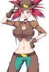  1girl :d alternate_costume arm_strap asuna_(pokemon) blush breasts brown_gloves brown_headwear brown_shirt brown_vest chaps cleavage collarbone collared_shirt commentary_request cowboy_hat cowboy_shot crop_top eyebrows_visible_through_hair gloves green_pants groin gym_leader hand_on_hip hand_up hat highres index_finger_raised large_breasts looking_at_viewer midriff navel open_mouth pants partially_unbuttoned pokemon pokemon_(game) pokemon_rse red_eyes red_hair shirt short_sleeves simple_background smile solo spiked_hair standing suzusiigasuki sweatdrop vest white_background 