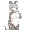  1girl animal_ears blush bow bowtie breasts bunny_ears bunnysuit ghost_tail green_eyes green_hair highres large_breasts navel neckwear nipples pubic_hair reverse_bunnysuit reverse_outfit senmuts simple_background sleeve_cuffs soga_no_tojiko solo sweatdrop touhou white_background 