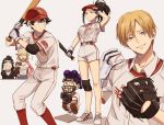  3boys 3girls bakugou_mitsuki baseball baseball_bat baseball_cap baseball_mitt baseball_uniform black_eyes black_hair blonde_hair blue_eyes boku_no_hero_academia closed_eyes green_eyes green_hair hair_between_eyes hat headband highres knee_pads liyuchen1126 midoriya_inko midoriya_izuku mineta_minoru monoma_neito multiple_boys multiple_girls open_mouth purple_hair smile sportswear tissue tissue_box yaoyorozu_momo 