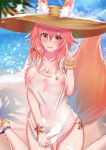  1girl animal_ear_fluff animal_ears artist_request bangs beach bikini blue_bikini_bottom blue_sky blush bracelet breasts cleavage collarbone covered_nipples ears_through_headwear fate/grand_order fate_(series) fox_ears fox_girl fox_shadow_puppet fox_tail hair_between_eyes hat jewelry large_breasts long_hair looking_at_viewer ocean open_mouth pink_hair sandals shirt short_sleeves side-tie_bikini sky smile solo straw_hat swimsuit tail tamamo_(fate)_(all) tamamo_no_mae_(swimsuit_lancer)_(fate) thighs wet wet_clothes wet_shirt wet_t-shirt yellow_eyes 