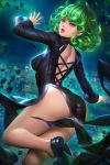 1girl ass black_dress black_footwear breasts covered_nipples curly_hair dress from_behind green_eyes green_hair lips looking_at_viewer looking_back medium_breasts midair nudtawut_thongmai one-punch_man parted_lips shoes short_hair solo tatsumaki thick_thighs thighs 