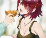  arknights blush breasts cleavage cropped exusiai_(arknights) food necklace noixen orange_eyes red_hair short_hair 