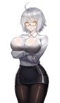  1girl absurdres ahoge arms_under_breasts bangs black-framed_eyewear black_bra black_legwear blush bra breasts collared_shirt cowboy_shot crossed_arms dress_shirt fate/grand_order fate_(series) glasses hair_between_eyes highres jeanne_d&#039;arc_(alter)_(fate) jeanne_d&#039;arc_(fate)_(all) lace lace_bra large_breasts looking_at_viewer miniskirt office_lady open_mouth pale_skin pantyhose pencil_skirt see-through shirt short_hair silver_hair skirt thighs underwear white_shirt ye yellow_eyes 