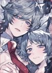  2boys animal_ears blue_eyes blue_hair blush erune granblue_fantasy looking_at_viewer male_focus mikoccccchan mole mole_under_eye multiple_boys necktie nehan_(granblue_fantasy) open_mouth short_hair six_(granblue_fantasy) yaoi 