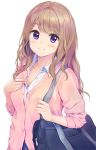  1girl bag blush breasts brown_hair cleavage collarbone collared_shirt dress_shirt highres long_hair original partially_unbuttoned pasdar pink_cardigan purple_eyes school_bag school_uniform shirt simple_background sleeves_pushed_up smile solo upper_body wavy_hair white_background white_shirt 