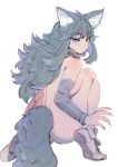  1girl animal_ears ass back black_hair blue_eyes bow_(bhp) breasts heterochromia knee_to_chest long_hair nude original red_eyes simple_background solo squatting tail tiptoes white_background wolf_ears wolf_girl wolf_tail 