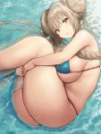  1girl artist_name ass azur_lane bikini blue_bikini braid breasts caustics double_bun formidable_(azur_lane) formidable_(the_lady_of_the_beach)_(azur_lane) grey_hair highres large_breasts leg_hug long_hair looking_at_viewer lying oekakizuki on_side parted_lips red_eyes sidelocks single_thighhigh skindentation solo string_bikini swimsuit thighhighs very_long_hair water wet white_legwear 