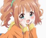  1girl :d blue_eyes blush brown_hair brown_jacket drawstring green_scrunchie grey_background hair_ornament hair_scrunchie hands_on_own_face hands_up hood hood_down hooded_jacket idolmaster idolmaster_(classic) jacket long_hair long_sleeves looking_at_viewer open_mouth scrunchie sidelocks simple_background smile solo takatsuki_yayoi trg-_(sain) twintails 