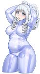  1girl arms_up belly blue_eyes bodysuit breasts commentary_request drill_hair elf-san_wa_yaserarenai. highres long_hair looking_at_viewer medium_breasts original parted_lips plump raised_eyebrows simple_background solo synecdoche thick_thighs thighs twintails white_background white_hair 