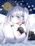  1girl bangs black_dress blue_eyes blush commentary_request dress eyebrows_visible_through_hair hair_ornament hairclip highres long_hair looking_at_viewer lying on_stomach original ran9u short_sleeves silver_hair solo star star_print sun_print two_side_up watch wristwatch 