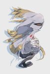  black_sclera dusknoir full_body fusion gen_4_pokemon gloves grey_background hands_clasped highres interlocked_fingers kanami33 looking_at_viewer mismagius no_humans own_hands_together pokemon red_eyes signature simple_background white_gloves 