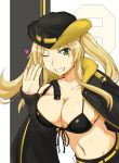  1girl azur_lane bangs black_background black_bikini_top black_coat black_headwear black_shorts black_sleeves blonde_hair breasts cleavage coat collarbone commentary_request cowboy_hat cutoffs detached_sleeves eyebrows_visible_through_hair fang front-tie_top green_eyes grin groin hand_up hat heart highres hornet_(azur_lane) large_breasts leaning_forward long_hair looking_at_viewer midriff multicolored multicolored_background navel one_eye_closed open_hand shigeru_(shigel_marv) short_shorts shorts sidelocks smile solo twintails upper_body white_background yellow_background yellow_belt 