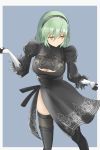  1girl absurdres bangs black_dress blue_background boots breasts cleavage cleavage_cutout closed_mouth cosplay dress facing_viewer feathers gloves green_hair hairband highres hikage_(senran_kagura) looking_down nier_(series) nier_automata orange_eyes senran_kagura solo white_gloves yorha_no._2_type_b yorha_no._2_type_b_(cosplay) zib_(boriku) 