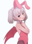  1girl animal_ears bare_shoulders blush bow bowtie brown_eyes bunny_ears bunny_girl bunny_tail bunnysuit demon_wings detached_collar eyebrows_visible_through_hair fake_animal_ears fake_tail grey_hair hands_up highres leotard looking_at_viewer makaino_ririmu medium_hair multicolored_hair nijisanji open_mouth pantyhose pointy_ears red_hair red_leotard sabamen simple_background solo strapless strapless_leotard streaked_hair tail twintails upper_body virtual_youtuber white_background wings 