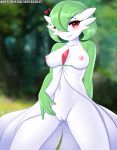 1girl artist_name ass_visible_through_thighs bangs blurry blurry_background blush breasts collarbone cowboy_shot day english_commentary eyebrows_visible_through_hair gardevoir gen_3_pokemon grass green_background green_hair green_skin hair_over_one_eye happy heart highres legs_apart looking_at_viewer medium_breasts navel nipples no_humans outdoors parted_lips patreon_username pokemon pokemon_(creature) presenting pussy red_eyes shiny shiny_hair short_hair smile solo standing stomach teeth tree twistedscarlett60 two-tone_skin uncensored watermark web_address white_skin 