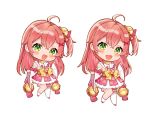  1girl ahoge bell blush chibi detached_sleeves full_body green_eyes hair_ornament hairclip hololive long_hair looking_at_viewer motsunuki nontraditional_miko open_mouth pink_hair sakura_miko single_thighhigh thighhighs virtual_youtuber white_background white_legwear wide_sleeves 