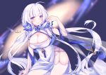  1girl absurdres azur_lane blue_eyes blush breasts china_dress chinese_clothes cleavage dress eyebrows_visible_through_hair fan folding_fan garter_straps hair_ornament highres illustrious_(azur_lane) illustrious_(maiden_lily&#039;s_radiance)_(azur_lane) kanayell large_breasts long_hair looking_at_viewer painting ribbon smile solo thighhighs white_dress white_hair white_legwear 