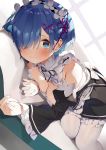  1girl bangs bare_shoulders blue_eyes blue_hair blush breasts cleavage commentary_request detached_sleeves dress frills hair_ornament hair_over_one_eye hair_ribbon highres large_breasts long_sleeves looking_at_viewer lying maid maid_headdress matsui_hiroaki purple_ribbon re:zero_kara_hajimeru_isekai_seikatsu rem_(re:zero) ribbon short_hair smile solo white_legwear x_hair_ornament 