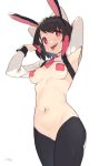  1girl :d absurdres animal_ears armpits arms_up black_hair breasts bunny_ears cloba cowboy_shot highres long_sleeves looking_at_viewer medium_breasts navel necktie no_bra no_panties open_mouth original pasties pink_eyes pussy raised_eyebrow reverse_bunnysuit reverse_outfit short_hair short_necktie signature simple_background smile solo standing stomach tongue tongue_out white_background wing_collar 