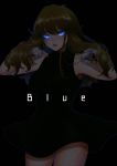  1girl black_background blue_(pokemon) blue_eyes breasts brown_hair character_name gloves highres long_hair looking_at_viewer mokorei open_mouth pokemon pokemon_special sleeveless solo 
