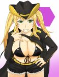  1girl azur_lane bangs black_bikini_top black_cape black_headwear black_shorts black_sleeves blonde_hair breasts cape cleavage collarbone commentary_request cowboy_hat cowboy_shot cutoffs detached_sleeves eyebrows_behind_hair front-tie_top gradient gradient_background green_eyes grin hand_on_hip hand_on_own_chest hat hexagon highres hornet_(azur_lane) large_breasts leaning_forward long_hair looking_at_viewer midriff navel pink_background shigeru_(shigel_marv) short_shorts shorts sidelocks smile solo standing twintails white_background yellow_belt 