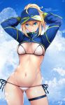  1girl ahoge arms_behind_head arms_up artoria_pendragon_(all) bangs baseball_cap bikini blonde_hair blue_eyes blue_headwear blue_jacket blue_sky breasts closed_mouth commentary_request cropped_jacket fate/grand_order fate_(series) hair_between_eyes hair_through_headwear hat highres jacket long_hair long_sleeves looking_at_viewer medium_breasts mysterious_heroine_xx_(foreigner) navel ponytail shrug_(clothing) side-tie_bikini sidelocks sky smile solo swimsuit thigh_strap untsue white_bikini zipper_pull_tab 