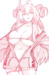  1girl ahoge bangs bare_shoulders bikini blush breasts collarbone cowboy_shot curled_horns demon_horns fang hair_between_eyes highres horns jacket jacket_removed large_breasts leg_garter long_hair long_sleeves looking_at_viewer magrona magrona_channel micro_bikini midriff monochrome navel off_shoulder open_mouth pen_(pen3) red_theme sketch skin_fang skindentation smile solo spot_color swimsuit very_long_hair virtual_youtuber yellow_eyes zipper 
