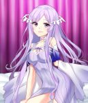  1girl absurdres bangs bare_shoulders bed blanket breasts choker curtains dress eyebrows_visible_through_hair grin highres indoors long_hair looking_at_viewer medium_breasts purple_eyes purple_hair quinella ribbon sitting smile solo sword_art_online very_long_hair white_choker white_dress yaya_chan 