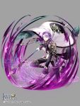  1boy cape copyright_name eden_fantasia full_body gloves grey_background holding holding_staff long_sleeves looking_at_viewer magic_circle male_focus motion_blur official_art purple_hair ran_(artist) solo staff standing white_cape white_gloves 