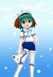 1girl :d air_bubble alternate_costume anchor_symbol animal_ears arm_at_side blue_background blue_sailor_collar blue_scarf blue_shorts blue_sky breasts bubble cloud commentary_request contrapposto eyebrows_visible_through_hair feet_out_of_frame gradient gradient_background green_eyes green_hair hair_between_eyes hand_on_hip hat highres holding_megaphone kasodani_kyouko kneehighs looking_at_viewer megaphone open_mouth outline partial_commentary rakugaki-biyori sailor_collar sailor_hat scarf shirt short_hair short_sleeves shorts sky small_breasts smile solo tail touhou white_headwear white_legwear white_shirt 