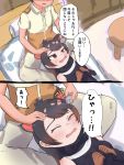  animal_ears australian_devil_(kemono_friends) commentary_request darus5 elbow_gloves eyedrops eyepatch eyepatch_removed fang gloves highres kemono_friends skin_fang sleeveless sleeves_past_wrists tasmanian_devil_ears translation_request 