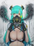 absurdres black_gloves breasts commentary gas_mask gloves green_hair highres large_breasts liya_nikorov long_hair looking_at_viewer mask mole original skull solo upper_body yellow_eyes 