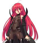  1girl bare_shoulders black_legwear bodysuit breasts hair_between_eyes holding holding_sword holding_weapon jewelry katana long_hair looking_at_viewer necklace ohlia parted_lips red_eyes red_hair shakugan_no_shana shana simple_background small_breasts solo sword thighhighs trench_coat very_long_hair weapon white_background 
