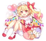  1girl ascot balloon blonde_hair bloomers blush bobby_socks bow bow_legwear commentary_request crystal fang flandre_scarlet frills full_body hair_bow hat heart_balloon holding holding_balloon knees_up looking_at_viewer mob_cap one_side_up open_mouth paragasu_(parags112) puffy_short_sleeves puffy_sleeves red_bow red_eyes red_footwear red_skirt red_vest shirt shoes short_hair_with_long_locks short_sleeves simple_background sitting skirt skirt_set socks solo stuffed_animal stuffed_bunny stuffed_toy teddy_bear touhou underwear vest white_background white_legwear white_shirt wings 