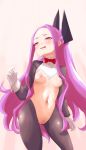  1girl bangs black_jacket black_legwear blush bow bowtie breasts cropped_jacket fate/grand_order fate_(series) forehead gloves hair_ornament high_ponytail highres jacket long_hair long_sleeves looking_at_viewer navel nipples niwaikanai open_mouth parted_bangs purple_eyes purple_hair pussy red_neckwear revealing_clothes reverse_bunnysuit reverse_outfit shrug_(clothing) sidelocks small_breasts solo thighs white_gloves wing_collar wrist_cuffs wu_zetian_(fate/grand_order) 