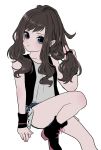  1girl black_vest blue_eyes brown_hair closed_mouth curly_hair high_ponytail highres long_hair looking_at_viewer minapo pokemon pokemon_(game) pokemon_bw ponytail shirt simple_background sleeveless sleeveless_shirt solo touko_(pokemon) vest white_background white_shirt wristband 
