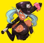  black_headwear blue_eyes blue_hair blush borrowed_character breasts cleavage cleavage_cutout dark_skin elbow_gloves eyebrows_visible_through_hair gloves grin hair_over_one_eye hat highres holding_baseball_bat large_breasts looking_at_viewer omiza_somi original parted_lips simple_background smile teeth yellow_background 
