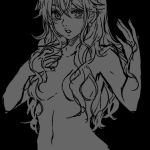  1girl black_background blue_(pokemon) breasts greyscale hair_over_breasts long_hair looking_at_viewer lowres medium_breasts mokorei monochrome nude pokemon pokemon_special simple_background solo upper_body 