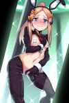  1girl abigail_williams_(fate/grand_order) absurdres animal_ears areola_slip areolae bandaid bandaids_on_nipples bangs black_bow black_gloves black_jacket black_legwear blonde_hair blue_eyes blush bow breasts bunny_ears closed_mouth cropped_jacket crossed_bandaids fate/grand_order fate_(series) forehead gloves green_background hair_bow hand_on_own_chest high_ponytail highres jacket long_hair long_sleeves looking_at_viewer mioshi_(vixis340) multiple_bows navel necktie orange_bow parted_bangs pasties polka_dot polka_dot_bow red_neckwear revealing_clothes reverse_bunnysuit reverse_outfit shrug_(clothing) sidelocks small_breasts solo sparkle thighs wrist_cuffs 