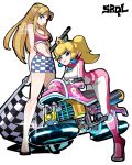  2girls alternate_costume artist_name bangs bare_legs bare_shoulders blonde_hair blue_eyes boots breasts checkered checkered_flag checkered_skirt circlet cleavage closed_mouth commentary_request crop_top crossover crown earrings flag floating full_body highres holding holding_flag jewelry knee_boots korean_commentary leaning_forward long_hair mario_kart medium_breasts miniskirt multiple_girls navel parted_bangs pink_footwear pointy_ears ponytail princess_peach princess_zelda race_queen sbql_(niaunclefan) simple_background skirt sleeveless smile sparkle standing stomach straight_hair the_legend_of_zelda the_legend_of_zelda:_a_link_between_worlds the_legend_of_zelda:_a_link_to_the_past triforce two_tone_bodysuit white_background 