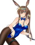 1girl alternate_costume amiya_(arknights) animal_ears arknights artist_name bangs bare_arms bare_shoulders black_legwear blue_bow blue_eyes blue_leotard blue_neckwear blush bow bowtie breasts brown_hair bunny_ears bunny_tail bunnysuit cleavage commentary_request cowboy_shot detached_collar eyebrows_visible_through_hair goyain hair_between_eyes jewelry large_breasts leotard long_hair looking_at_viewer pantyhose parted_lips ponytail ring sidelocks signature simple_background solo strapless strapless_leotard tail thighlet thighs white_background wrist_cuffs 