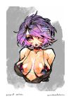  1girl arms_behind_back barachan braid breasts character_request choker cleavage copyright_request dated highres large_breasts micro_bikini_top off_shoulder purple_eyes purple_hair short_hair side_braid signature single_braid solo spaghetti_strap upper_body watermark 