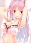  1girl animal_ears armpits arms_behind_head arms_up bangs bare_arms bare_shoulders blush bra breasts bunny_ears cleavage collarbone commentary_request eyebrows_visible_through_hair floral_print kue large_breasts long_hair looking_at_viewer navel purple_hair red_eyes reisen_udongein_inaba smile solo stomach touhou underwear upper_body white_bra 