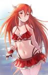  1girl bikini cordelia_(fire_emblem) fingerless_gloves fire_emblem fire_emblem_awakening fire_emblem_heroes gloves hair_ornament highres long_hair navel parted_lips red_eyes red_hair solo spiffydc swimsuit twitter_username 