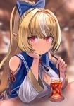  1girl blonde_hair blurry blurry_background bow breast_rest breasts chin_rest cleavage cleavage_cutout dress drink drinking_straw enumiyan eyebrows_visible_through_hair glass hair_bow highres hololive indoors long_hair looking_at_viewer multicolored_hair pointy_ears ponytail red_eyes sailor_collar shiranui_flare sitting solo straight_hair tareme two-tone_hair upper_body white_dress white_hair 