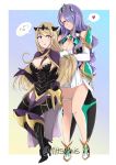  2girls armor armored_boots bangs black_armor black_footwear blonde_hair boots breasts brushing_another&#039;s_hair camilla_(fire_emblem) cleavage closed_eyes cosplay costume_switch dress eyebrows_visible_through_hair eyes_visible_through_hair fire_emblem fire_emblem_fates hair_over_one_eye headpiece heart high_heel_boots high_heels highres hikari_(xenoblade_2) jewelry large_breasts long_hair mitsuchiis multiple_girls purple_hair smile spoken_heart swept_bangs thigh_boots thigh_strap thighhighs thighs tiara very_long_hair wavy_hair white_dress xenoblade_(series) xenoblade_2 yellow_eyes 