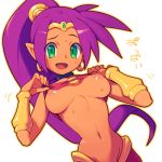  1girl breasts commentary_request dark_skin earrings green_eyes inverted_nipples jewelry large_breasts long_hair looking_at_viewer metata navel nipples o-ring o-ring_top open_mouth pointy_ears ponytail purple_hair shantae_(character) shantae_(series) simple_background solo sweat underboob white_background 